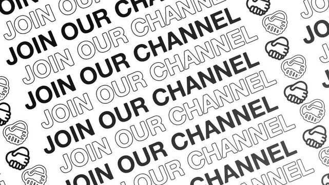 Join our channel neon glow text opening motion animation video, youtube channel repeating scrolling text kinetic typography seamless loop intro social media black type on white backdrop bg outro 