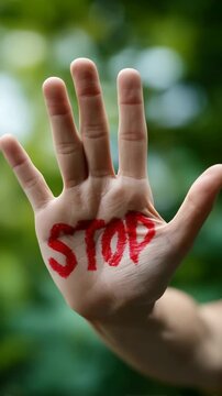 Hand with stop sign painted on palm in red