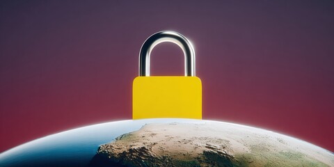 Yellow padlock on globe representing global cyber security and data protection for corporate network safety, information privacy concept, and digital technology background