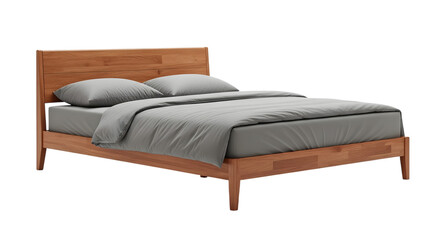 Modern Wooden Bed with Grey Bedding Isolated on White Background. Comfortable Bedroom Furniture.
