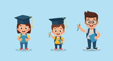 Graduation ceremony illustration featuring students and teacher in academic attire celebrating achievement