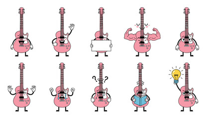 Naklejka premium Versatile pink electric guitar cartoon character collection featuring diverse poses including reading, flexing muscles, and celebrating.