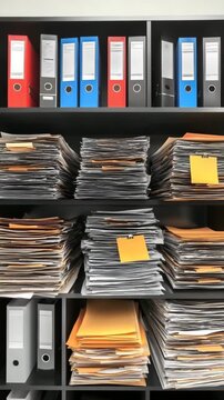 Overflowing office shelves stacked with disorganized paperwork and binders