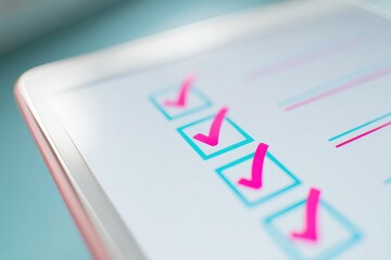 Digital checklist on tablet screen showing red check marks for business performance survey, online feedback form, and educational assessment in a modern office