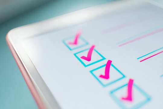 Digital checklist on tablet screen showing red check marks for business performance survey, online feedback form, and educational assessment in a modern office