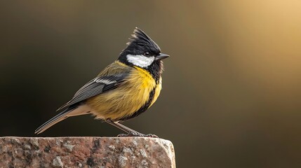 Obraz premium Crested tit perched on stone in soft sunlit background
