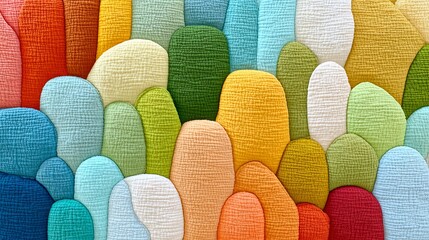 Abstract textile wall art featuring colorful 3D pebble shapes. Ideal for interior design blogs, furniture catalogs, or articles on tactile home decor and modern sensory textures.