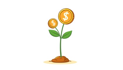 A cartoon illustration of a plant growing out of the ground with dollar coins for leaves, symbolizing financial growth and investment.