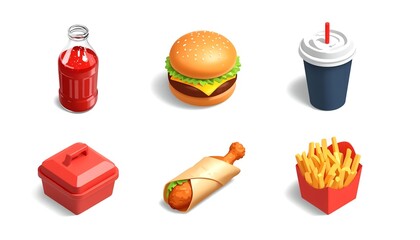 A variety of fast food items including a hamburger, fries, and a drink