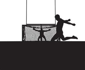 Obraz premium Silhouette of a Soccer Player Celebrating a Goal with Defeated Goalie, Victory Moment in Football Match on White Background , Generative Ai