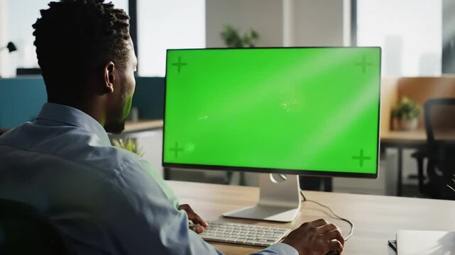 Green Screen over the shoulder young man sitting at his desk in office uses desktop computer with mock up close display scene 1 distortion, overlay, glitch, static noise, scan lines on black