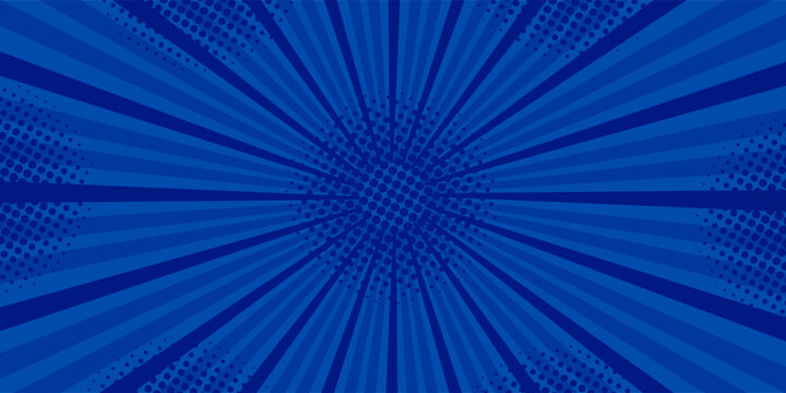 abstract comic rays background with dot halftone on blue