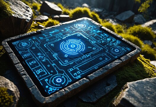 Ancient stone tablet artifact with glowing blue futuristic digital user interface hologram lying on mossy rocks, sci-fi archeology concept. - Powered by Adobe