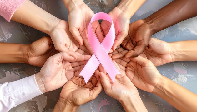 Many hands holding pink breast cancer awareness ribbon. World Cancer Day symbol. Diverse people hands. Pink ribbon icon. Support and solidarity gesture. Healthcare and medical concept.