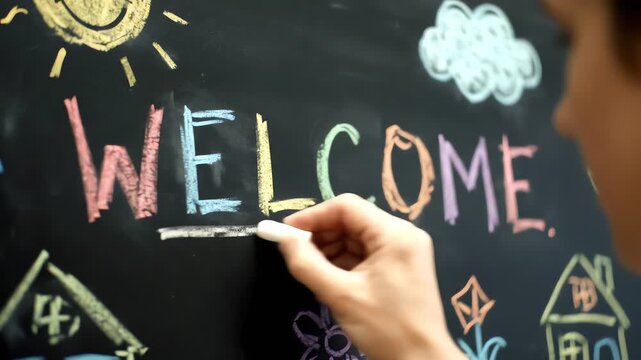 A close-up view shows a hand writing the colorful and cheerful "welcome" sign with chalk, surrounded by childlike doodles on a dark black chalkboard.