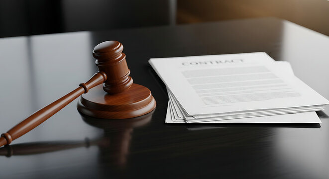 Professional wooden gavel resting near a stack of official legal contract documents symbolizing courtroom justice arbitration and final binding agreement authority