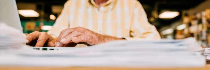 Close up of businessman hands using laptop for document management and digital file storage in modern office, managing records for database administration and service