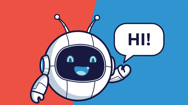 Happy white robot character with a blue screen face waving its hand and saying hi in a small speech bubble for tech support.