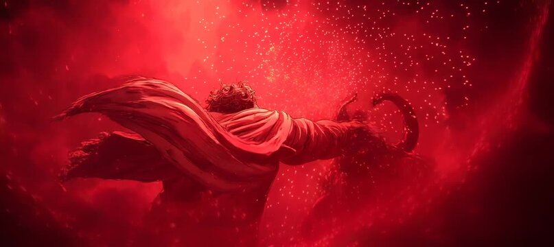 Jesus Christ fight with Demon Satan. Good versus Evil. Generative video AI technology.