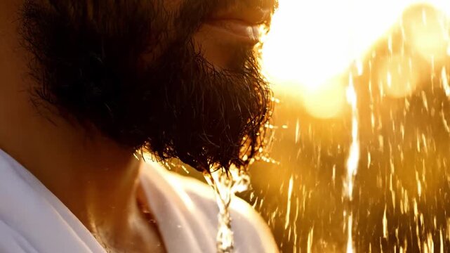 Dramatic Golden 4K Slow Motion of a Muslim Man Performing Ablution (Wudu) or Refreshing Face and Beard in Brilliant Sunset Light