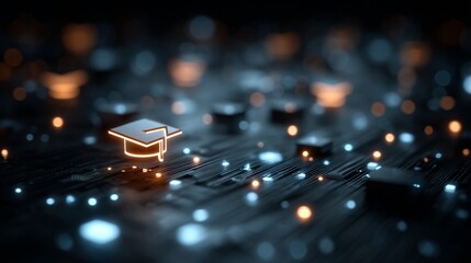 Glowing graduation cap atop futuristic circuit board symbolizes digital learning and technological advancement in education