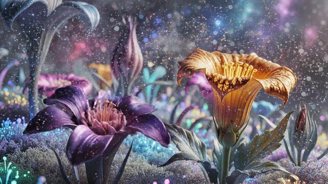 Vivid crimson flowers bloom amid starry, dreamy bioluminescent foliage under a cosmic night skydome