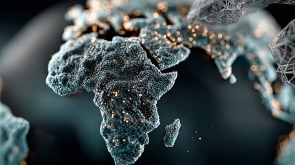 Dynamic 3D abstract representation of Africa glowing with interconnected data points and network structures signifying global connection and technology.