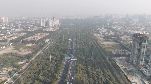 Aerial view of Traffic Running on the Yamuna Expressway in Noida, Uttar Pradesh, India