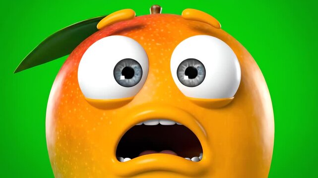 The bright orange, anthropomorphic mango character shows intense shock with wide blue eyes in this funny 3d close-up against a vibrant green screen backdrop.