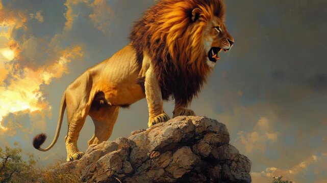 selective focus majestic lion roaring on rocky outcrop