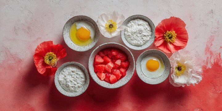 Traditional Middle Eastern breakfast assortment with hummus and mutabbal served in ceramic bowls for a restaurant menu design on a rustic textured background
