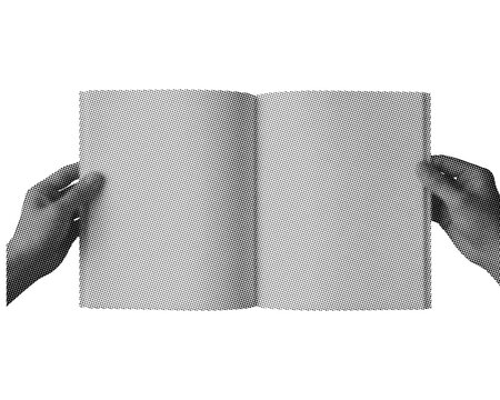 Hands holding open book halftone illustration: Retro photocopy magazine mockup