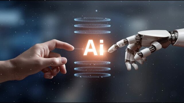A human hand and robot finger touch each other, with digital graphics of ai technology floating between them