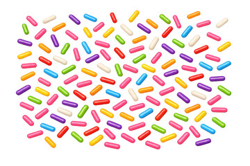 Fototapeta premium Rainbow sprinkles creating a colorful confectionery pattern, sweet sugar topping for dessert and celebration, transparent background