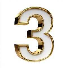 Golden And White Number Three Isolated On White Background With Clean Glossy Texture