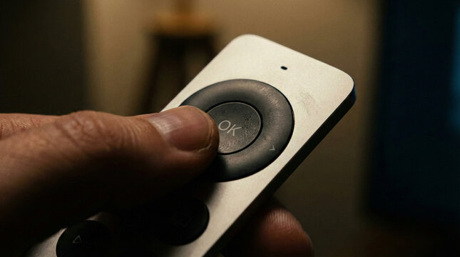 Person pressing OK button on remote control in dark room