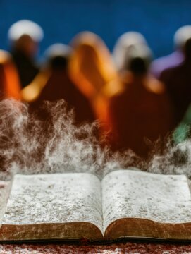 Open liturgical book covered in holy ash during a religious service in an abbey church with a blurred congregation watching a candid ceremony or ordination