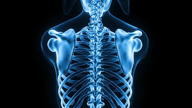 Anatomical X-Ray Visualization of Human Upper Back Structure Skeleton and Bone System in Blue Tones Against Dark