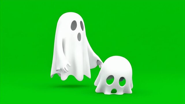 Animated White Ghosts with Black Eyes on Green Screen Background for Halloween, Seamless Loop Animation