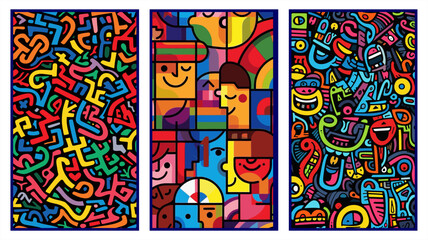 Obraz premium Colorful abstract illustration set with bold geometric shapes, playful lines, and modern pop art style, inspired by doodle art and contemporary graphic design.