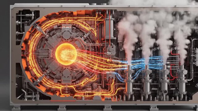 Powerful fusion-like reactor core glows orange with blazing plasma arcs through steelworks. intense
