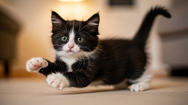 Playful black and white kitten stretching
