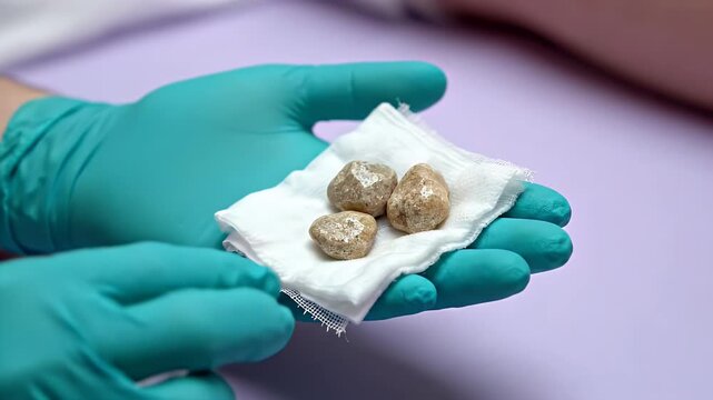 Close-Up Shot of Gallstones Being Held with Teal Gloves in Medical Setting on Lavender Background for Medical