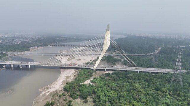 Aerial view of Signature Bridge of Delhi, India

