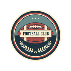 Obraz premium An iconic retro American football club insignia, meticulously designed with a vintage distressed effect, showcasing a traditional ball, banner, and laurel wreath for athletic branding