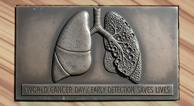 A Stone Monument or Plaque with a Bas-Relief of Contrasting Lungs; the Inscription Reads "World Cancer Day - Early Detection Saves Lives", on a Solid Sandstone Background.