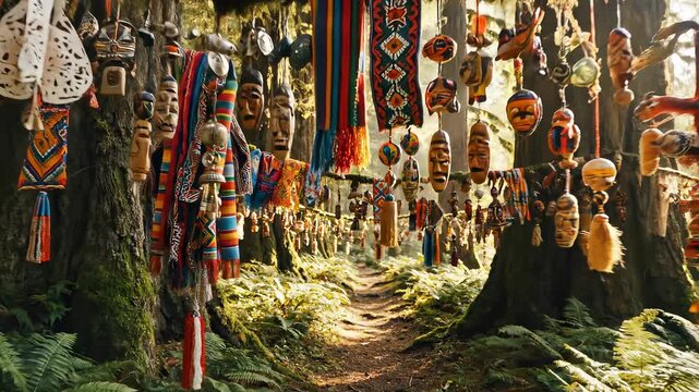 Mystical Forest Path Adorned with Colorful Ethnic Decorations.