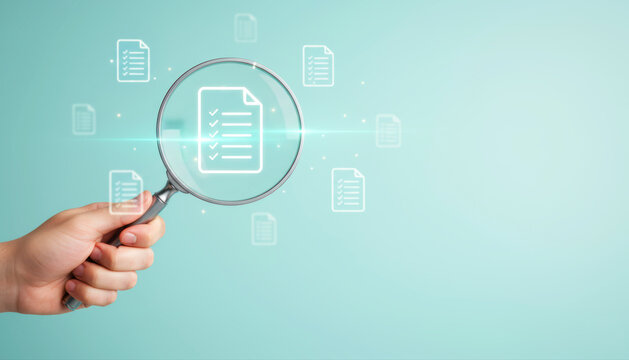 Hand holding magnifying glass searching through glowing digital document icons. Document management, data privacy, and information search concept.