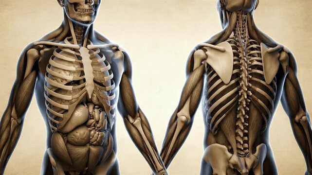 Detailed Anatomical Animation of Human Skeletal System Front and Back View Sepia Toned Bone Structure for Medical or