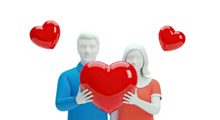 Couple holding a large red heart with smaller hearts floating around